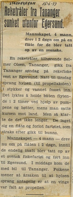 1933.06.15 - Stavangeren - Reketråler fra Tanager sunket utenfor Egersund